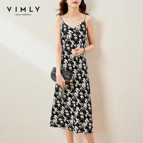 Vimly Strap Dress for Women Summer New Floral Printed V-neck Elegant Sexy A-line Midi Dresses Female Clothing Vestidos F8123