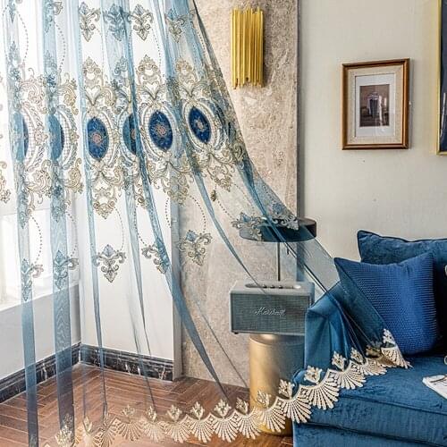 Luxury European Blue Embroidery Floral Voile Bedroom Blackout Curtains Water-soluble Lace Tulle Sheer Curtain Drapes