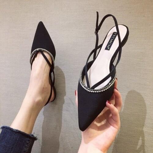 Pointed toe crystal beading sandals women T-strap slingback ladies summer shoes strange low heels stain sandalias mujer 2020