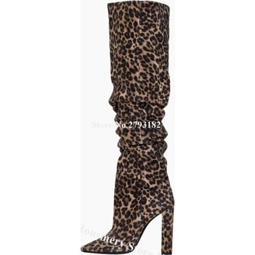 Western Sexy Pointed Toe Suede Leather Over Knee Chunky Heel Boots Leopard Slip-on Long Thick Heel Boots Dress Shoes