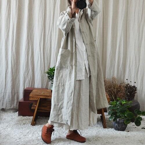 Women Vintage Cotton Linen Trench Solid Color Button 2021 New Autumn Stand Long Sleeve Pockets Female Trench Coats