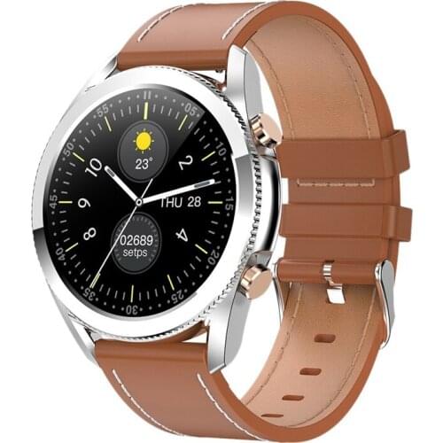 I12 Smart IP68 Waterproof Exercise Watch Heart Rate Monitor Contact+Button Bluetooth Call Selfie Watch,Brown Leather