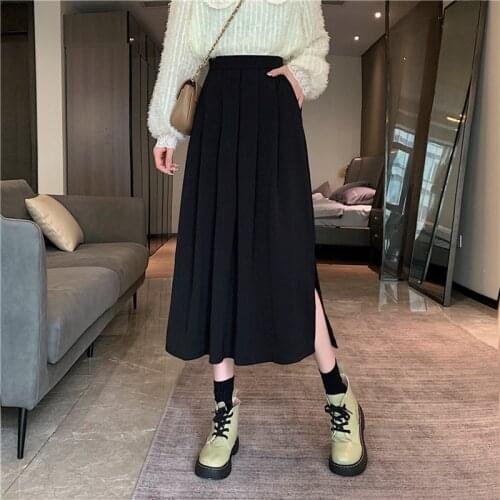 Womens Vintage Clothes Long Skirts Black Harajuku High Waist Streetwear 2021 fall winter Fashion Elastic Preppy Style Midi Skirt