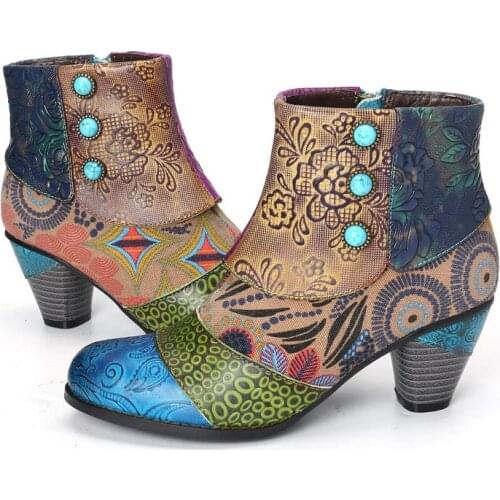 Fashion Vintage Splicing Printed Ankle Boots For Women Shoes Woman PU Leather Retro Block High Heels Zipper Women Boots 2021