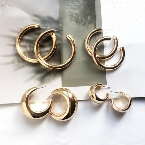 AOMU Korea Simple C-Shape Metal Gold Silver Color Stud Earrings For Women Exaggerated Accessories Jewelry Gifts
