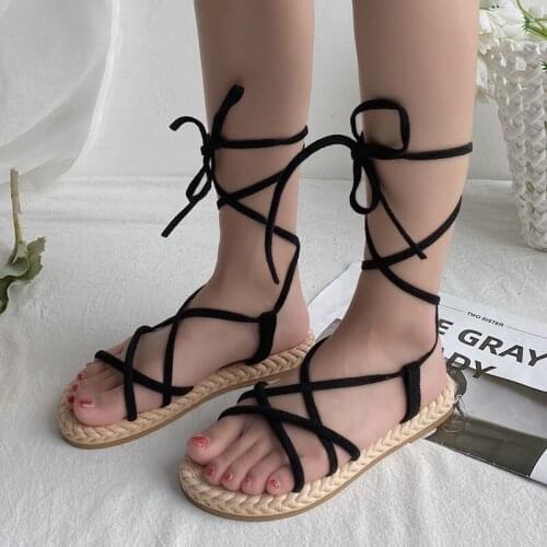Rimocy Womens Cross Strap Gladiator Sandals Flat Summer Open Toe Beach Shoes Woman Hemp Bottom Lace Up Casual Sandalias Mujer