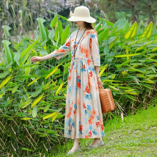 Print Floral Prairie Chic Travel Style Dress 2021 New Arrival Cotton Linen Loose Summer Dress Draw String Fashion Women Dress