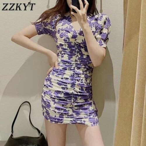 ZZKYT 2021 Women Summer Vintage Slim Floral Print Mini Dress Fashion V-Neck Short Sleeve Folds Female Casual Dresses Vestidos