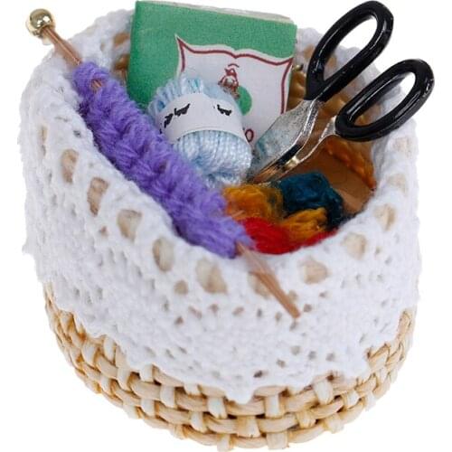 1/12 Dollhouse Miniature Accessories Mini Knitting Tools Basket Simulation Scissors Wool Model Toys for Doll House Decoration