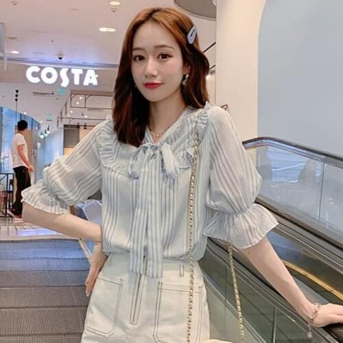 Women 2021 Summer New Fashion Loose Chiffon Shirt Female Short Sleeves Striped Shirts Ladies Single Breasted Bow Blouses N194