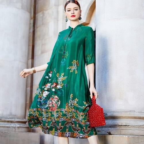 2022 Spring and Summer New Fashion Plus Size Print Loose Long Satin Green Dress Short Sleeve Comfortable Beach Dress for Women