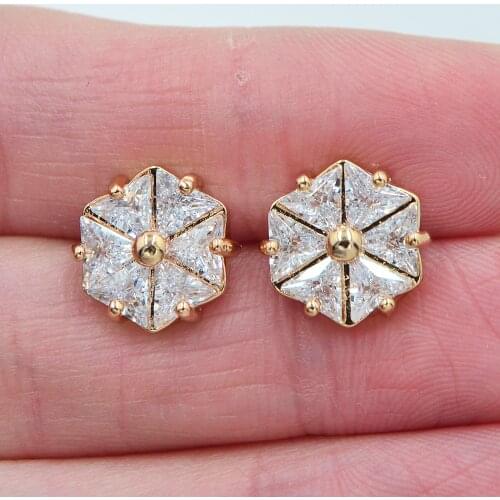 AAA+ Cubic Zirconia Gold Color Women Fashion Clear CZ Geometric Hexagon Stud Earrings Jewelry