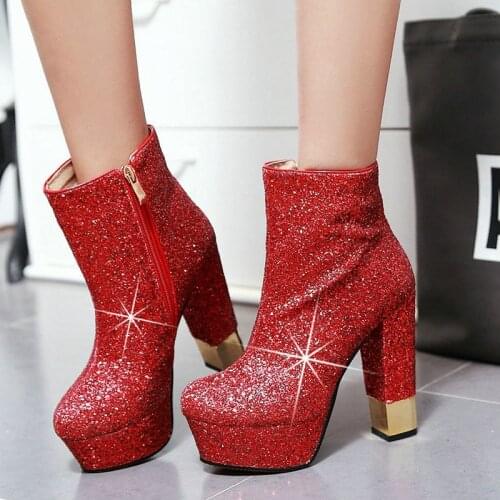 Sexy Platform Women Boots Fashion Sequined Square High Heel Ankle Boots Round Toe Zipper Autumn Winter Boots Woman