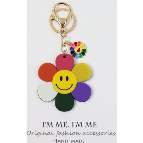 Cartoon Creative Colorful Sun Flower Keychain One Big One Little Mother and Child Smile Expression Flower Metal Pendant Key Ring