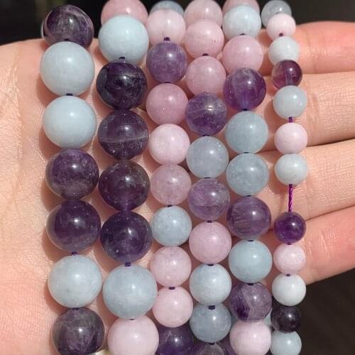 6 8 10mm Natural Gem Stone Beads Aqamarines Kunzite Amethysts Round Loose Beads for Jewelry Making DIY Bracelet 15'Strands