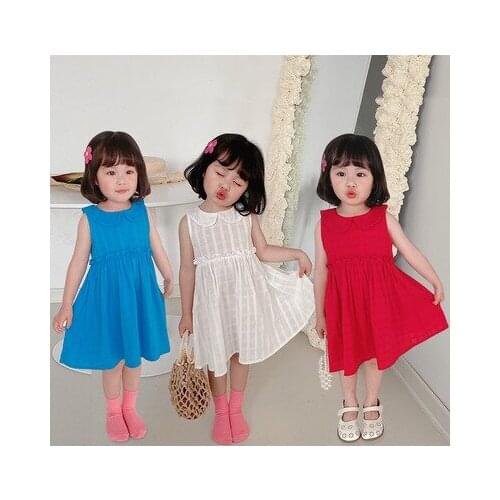 2021 Summer New Girl Peter Pan Collar Dress Girl Baby Korean Dress Kids Solid Jacquard Sleeveless Princess Dress Vestido Infant