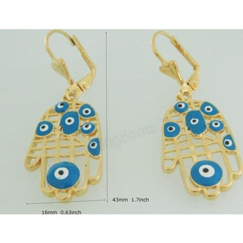 FOROMANCE /NEW - YELLOW - GOLD GP FILL BRASS EVIL EYE 1.7" DANGLE WIDTH 0.63" HAND HASMA SHAPE EARRING