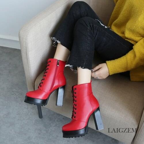 LAIGZEM FASHION Women Ankle Boots Platform Waterproof Lace Up Boots Chunky Stiletto Heels Botines Mujer Small Big Size 3-10.5