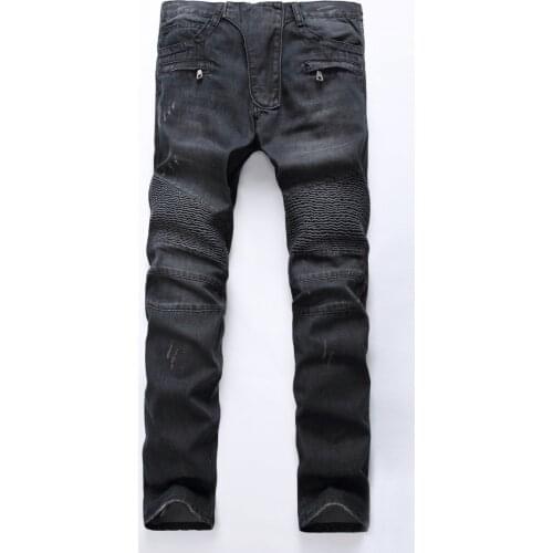 Hot sale mens pleated Slim elasticity Jeans Straight type zipper Pencil cowboy pants male Solid color Washed motorcycle jean