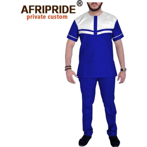 Men`s Casual Tracksuit African Clothing 2 Piece Set Dashiki Shirt SuitOutfits Short Sleeve Blouse Sports Suit AFRIPRIDE A2016023