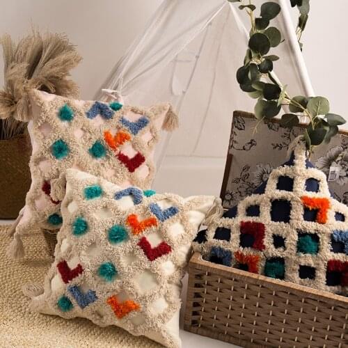 Cushion Cover Cotton Hand Embroidered Plush Pillow Case Cushion Living Room Sofa Office Car Home Fashion Plaid Soft Comfortable