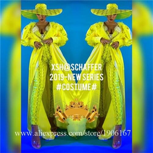 Newest sexy lady yellow big cloak pearl snakeskin overall jumpsuit costumes dance team stage performance onesies with hat