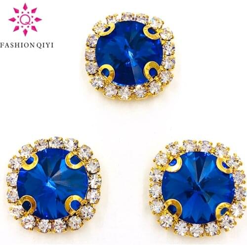 New 10pcs/pack Light blue Round shape gold base sew on rhinestones Crystal button wedding decoration diy/clothing accessories