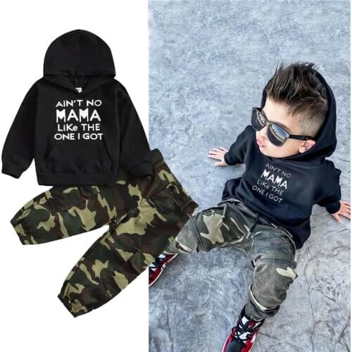 1-6Y Spring Fashion Infant Kids Boys Clothes Sets Letter Print Long Sleeve Hooded Tops Camouflage Pants 2pcs