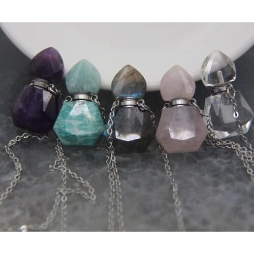 Natural Crystal Quartz Faceted Trapezoid Mini Perfume Bottle Necklace,Semi-precious Pendant For Women Love Romantic Gift