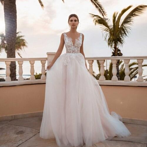 Simple O-neck Sleeveless Applique Lace Wedding Dresses With Beads Button Back Bridal Gowns vestido de noiva princesa For Bride