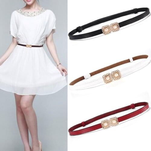 Fashion Women Dress Belt 2019 Designer Thin Adjustable Waist Belts Female Skinny Belts with Pearls Gold Buckle Womens Strap