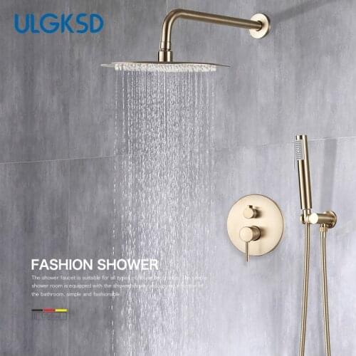 ULGKSD Brushed Gold Bathroom Shower Faucet Rainfall Shower Head Wall Mount W/Hand Shower Bathtub Spout 2 Ways Shower Mixer Tap
