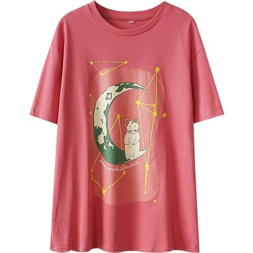 PERHAPS U Women Pink White Moon Galaxy Mouse Print Cute T-shirt Short Sleeve Loose Oversize Top Sweet Summer B0805