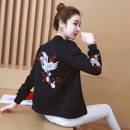 Spring Jacket Coat Big Bird Embroidered Bomber Jacket Women Autumn Flower Baseball Basic Jacket Female Black Coat SIZE XXL
