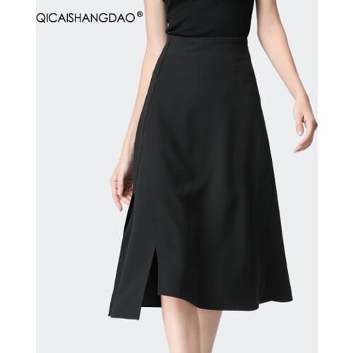 2021 Spring Autumn New Elegant Black A-line Skirt Mid-Length SImple Asymmetry Office Ladies Bottoms