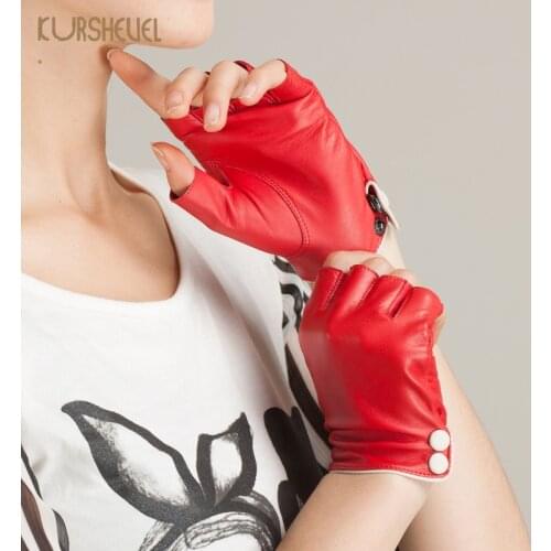 Women Half Finger Genuine Leather Gloves Spring Summer Button Wrist Goatskin Mittens Ladies Fingerless Driving Gloves AGD523