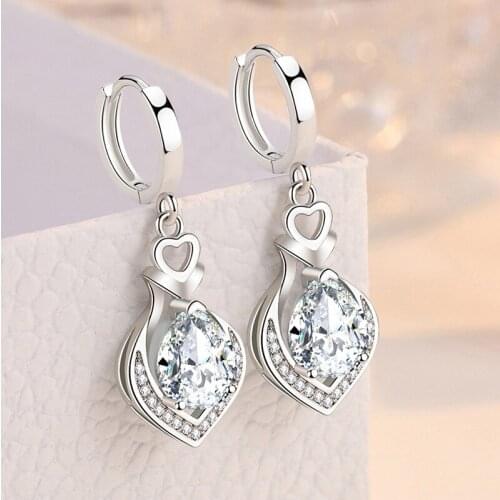 925 Sterling Silver Crystal Heart Piercing Drop Earrings For Women Girls Wedding Party Elegant Birthday Jewelry Gift Jlfjaa