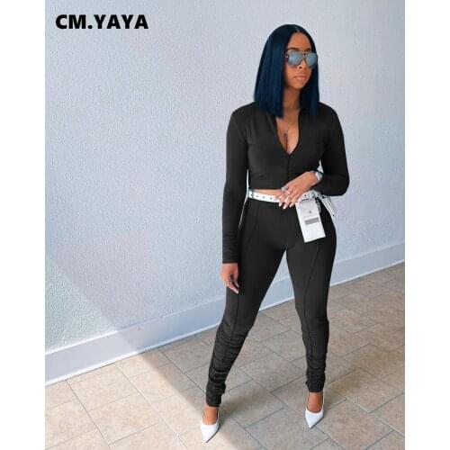 CM.YAYA Women Two Piece Set Solid Long Sleeves Zipper Top+long Slim Pants Sets Casual Pleated Tracksuit Autumn 2021