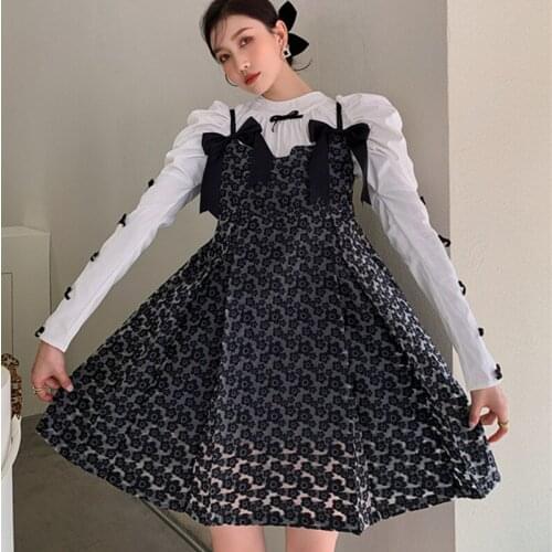 2021 Women Suit Stand-up Collar Bow Puff Sleeve Shirt + Cute Spaghetti Jacquard Mini Doll Dress Fashion 2-Piece Female Set