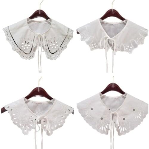 Womens White Hollow Out Lace False Collar Embroidery Floral Lapel Necklace Shawl Detachable Bowknot Lolita Mini Poncho
