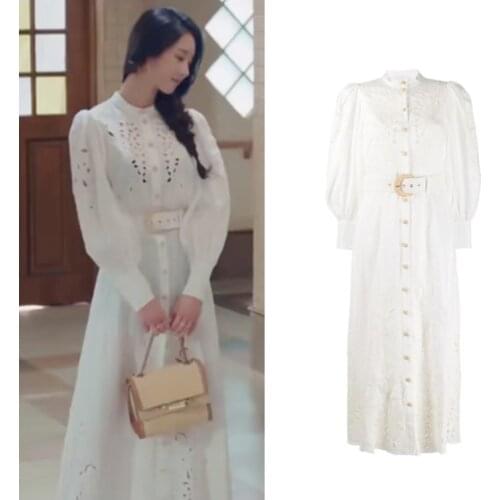 Women Summer Dress 2020 Korean Drama 서예지 Sex Hollow Long Dress With Belt Women Elegant White Partly Dress Vestidos High Quality