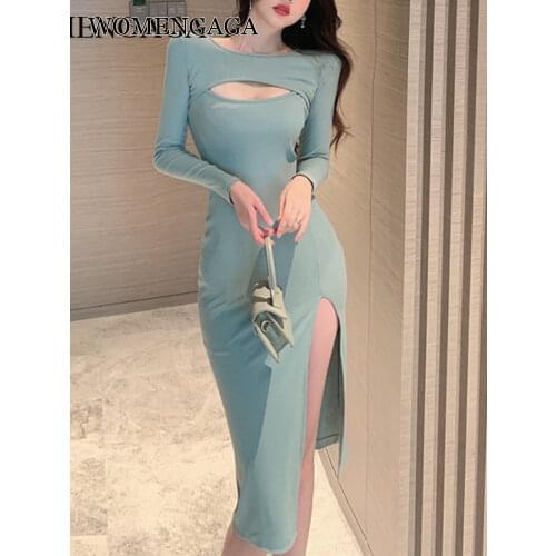 WOMENGAGA Autumn Sexy Night Show Goddess Hollowed Out Slit Slim Dress Women Slim Body Dresses Robe 2PSN