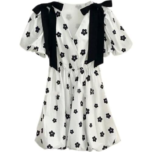 Vintage Elegant V-neck Puff Sleeve Floral Printed Dresses for Women Summer 2021 Vestidos De Mujer Casual