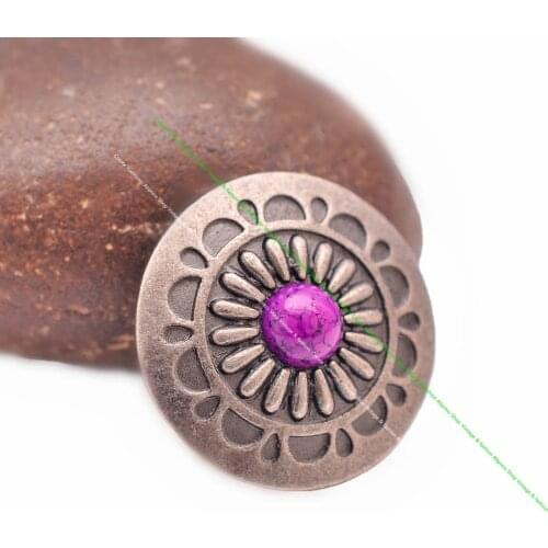 10Pcs 30Mm Vintage Silver Daisy Flower Purple Turquoise Conchos for Diy Leathercraft Belt Luggage Bag Handbag Keyring Decor