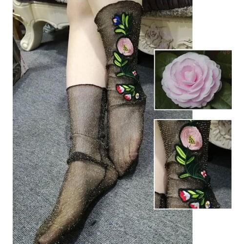 2017 Glitter Mesh flowers Women Socks Fashion Short Socks Shiny Harajuku Soft Ladies Funny Socks Transparent Elastic Hosiery