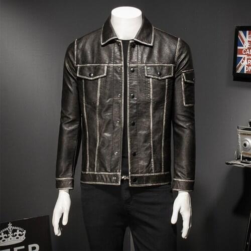 2020 High New Quality Fashion Men Coats Turn-down Collar Designer PU Leather Jacket Brown Vintage Style Outerwear 1046