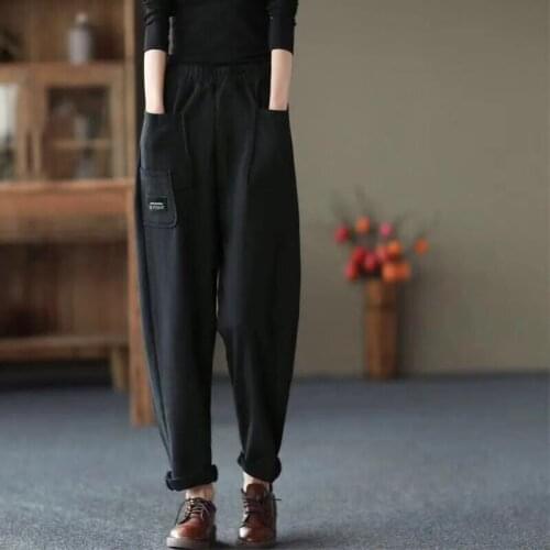 2021 New Womens Pants Autumn Cotton Linen Solid High waist Elastic band pocket Soft high quality Casual pant Female ladys M-4XL