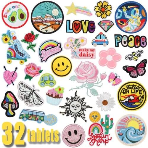 32tablets Car Embroidery Badge Rainbow Mixed Embroidery Cloth Stickers Cartoon Smiley Patch Butterfly Flower Embroidery