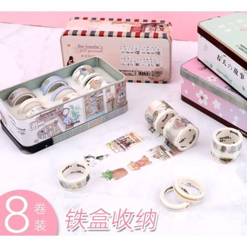 8rolls/set Sakura Washi Paper Tape Set Iron Boxed Stickers Scrapbooking Freshness Decorative Tape Bullett Journal Supplies