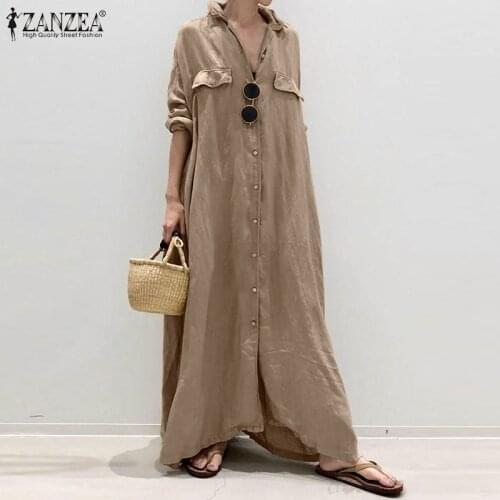 Oversized Women Harajuku Shirts Dresses 2021 Autumn Vintage Long Sleeve Maxi Dress ZANZEA Casual Ladies Solid Loose Lapel Robe 7